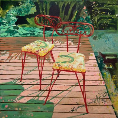 Sillas rojas, 2026, oil on canvas, 40 x40 cm